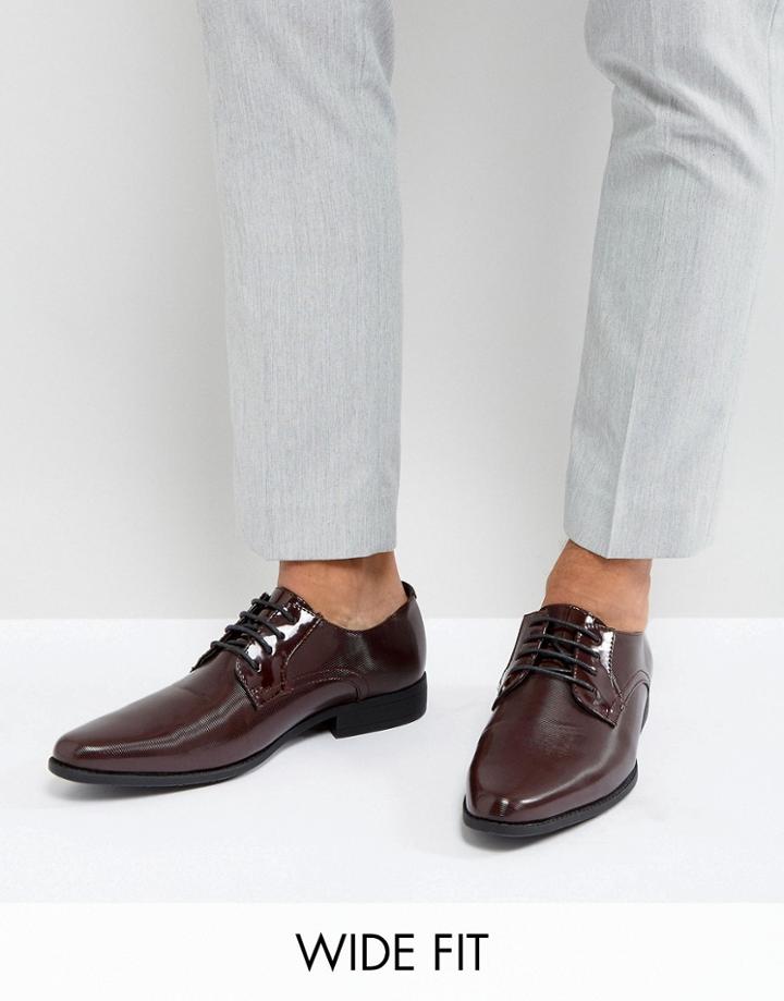 Asos Wide Fit Derby Shoes In Burgundy Patent With Panel Detail-red