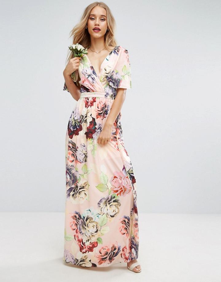 Asos Wedding Print Soft Flutter Sleeve Maxi Dress - Multi