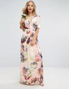 Asos Wedding Print Soft Flutter Sleeve Maxi Dress - Multi