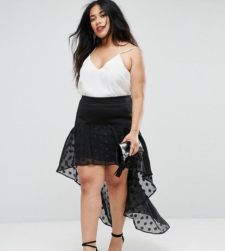 Asos Design Curve High Low Hem Skirt With Spot Chiffon Detail-black
