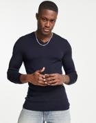 Asos Design Muscle Fit Merino Wool V-neck Sweater In Navy