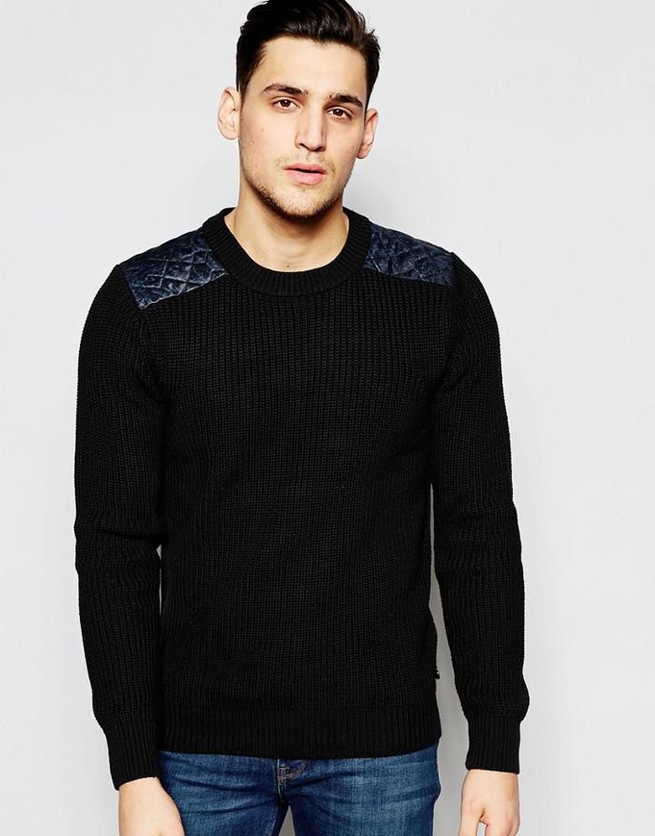 Scotch & Soda Crewneck Pullover With Quilted Satin Woven Shoulder Parts - Gray