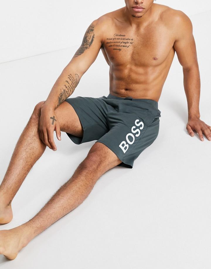 Boss Bodywear Identity Vertical Contrast Logo Shorts In Khaki-green