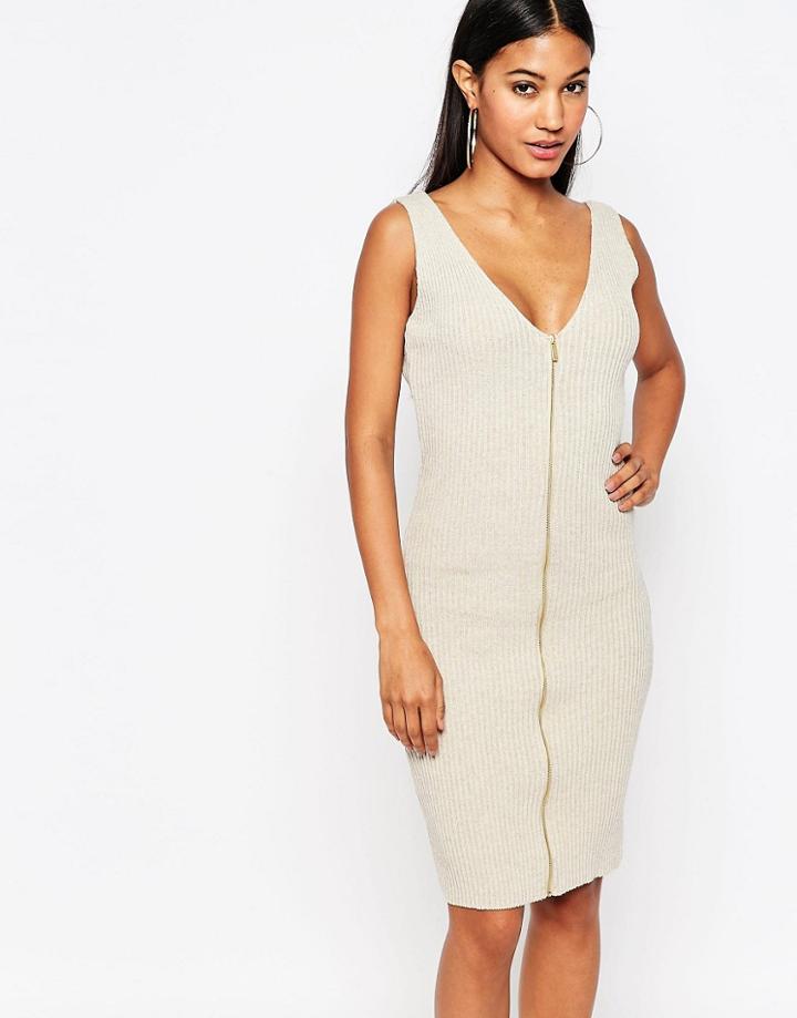 Fleur East By Lipsy Stone Zip Through Dress - Stone