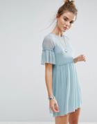 New Look Frill Sleeve Mesh Overlay Dress - Blue