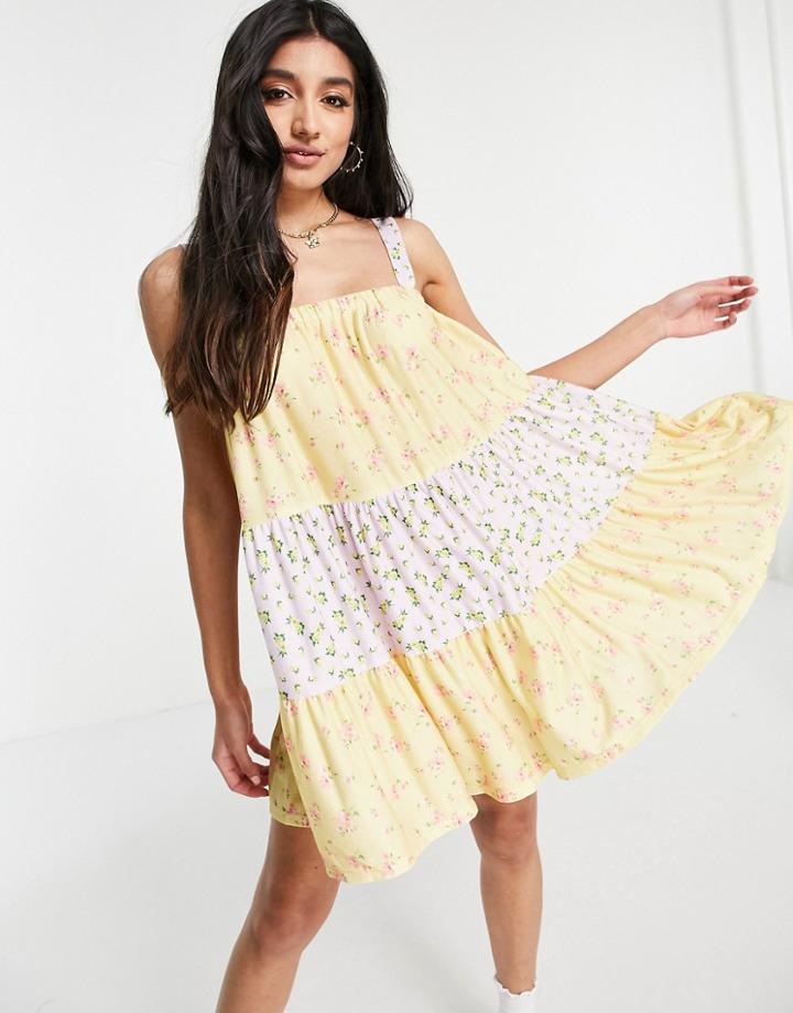 Asos Design Tiered Mini Strappy Sundress In Pastel Mix Match Floral Print-multi