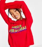 Asos Design Petite Christmas Sweater With Merry Christmas Logo In Red
