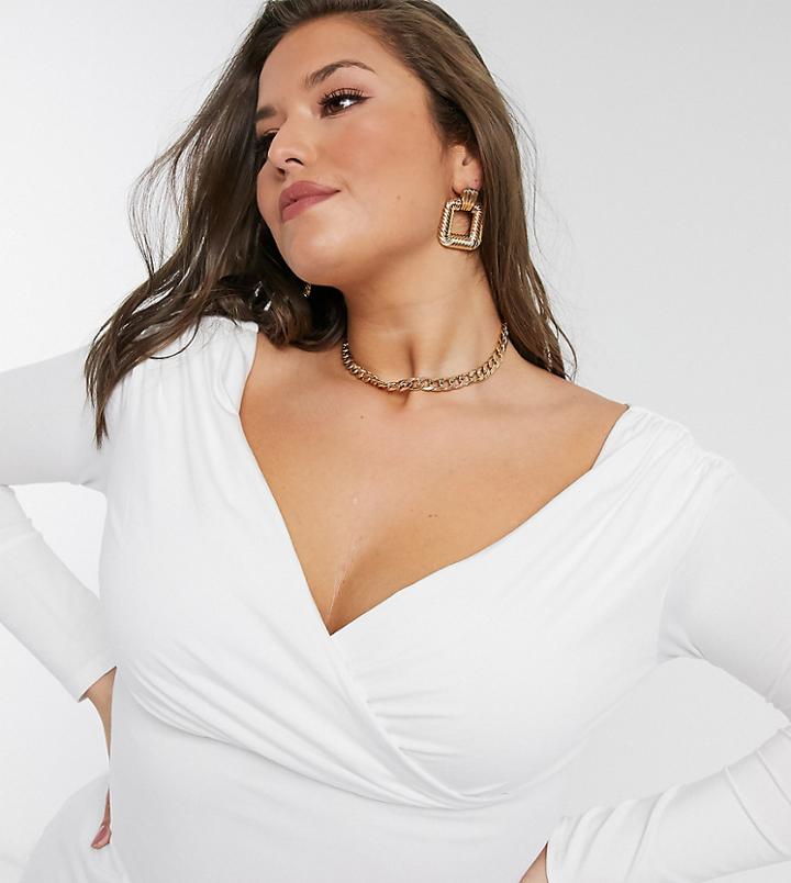 Asos Design Curve Exclusive Wrap Over Bardot Top In White