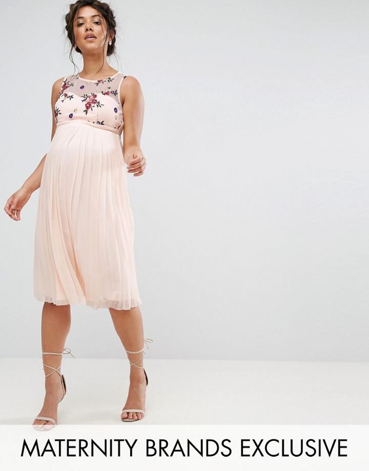 Little Mistress Maternity Floral Embroidered Skater Dress With Tulle Skirt - Pink