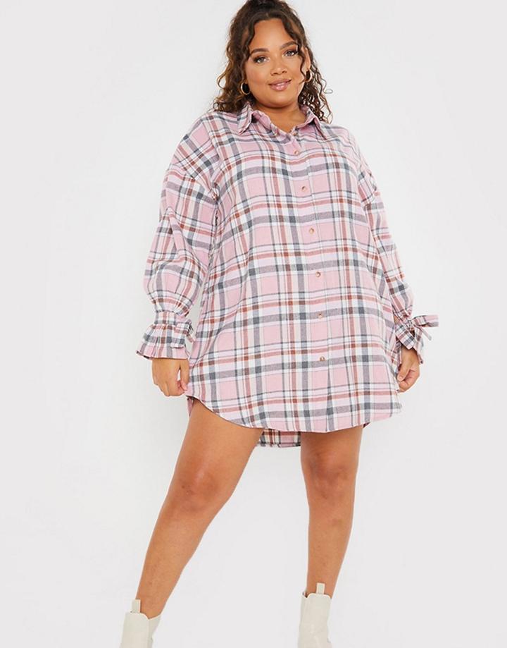 In The Style Plus X Dani Dyer Ruched Tie Sleeve Shirt Dress In Multi Check Print
