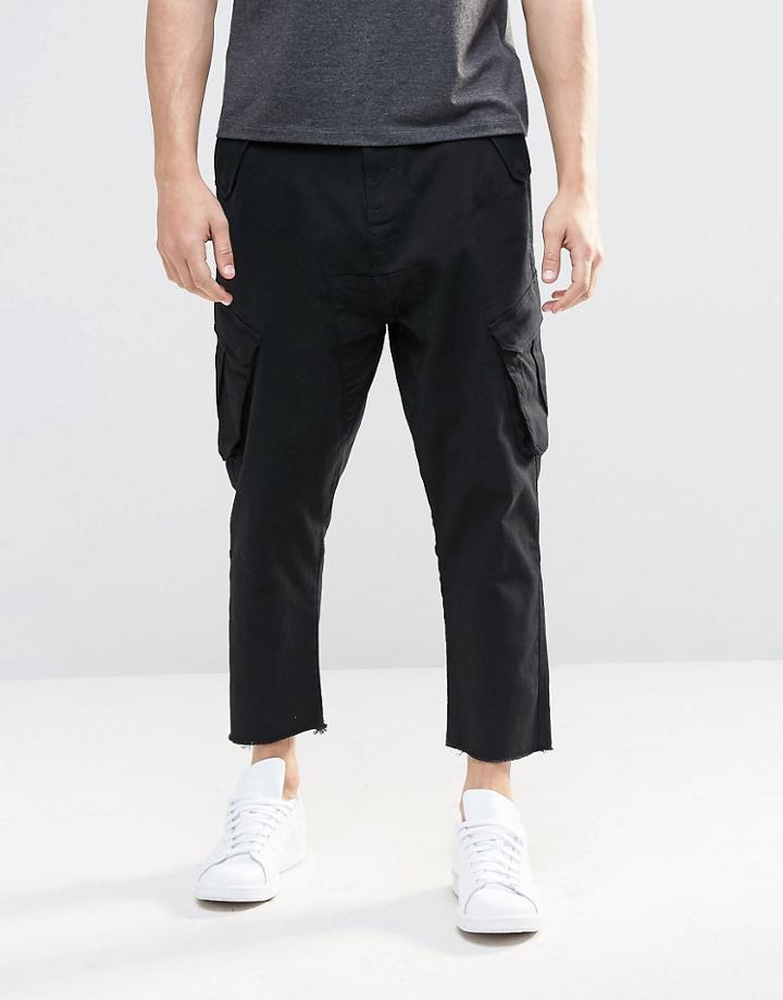 Asos Drop Crotch Cargo Pants In Cropped Length In Black - Black