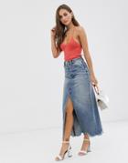 We The Free By Free People Denim Maxi Skirt With Front Split-blue