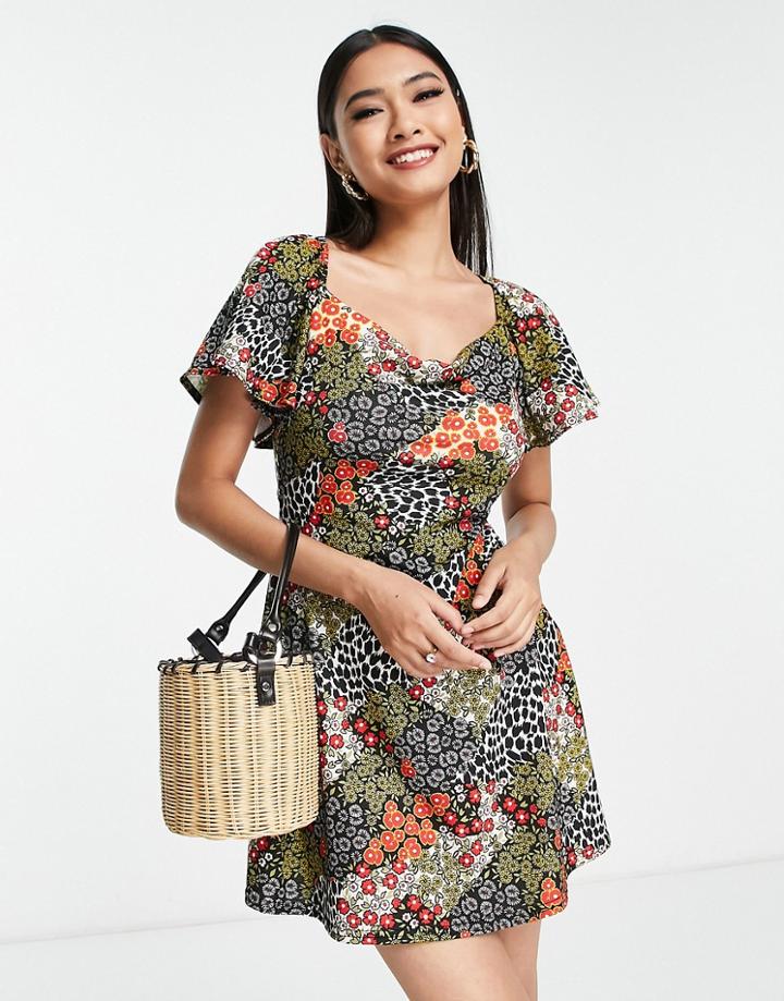 Asos Design Flutter Sleeve Mini Tea Dress With Cowl Neck In Red Patchwork Print-multi