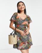 Asos Design Flutter Sleeve Mini Tea Dress With Cowl Neck In Red Patchwork Print-multi