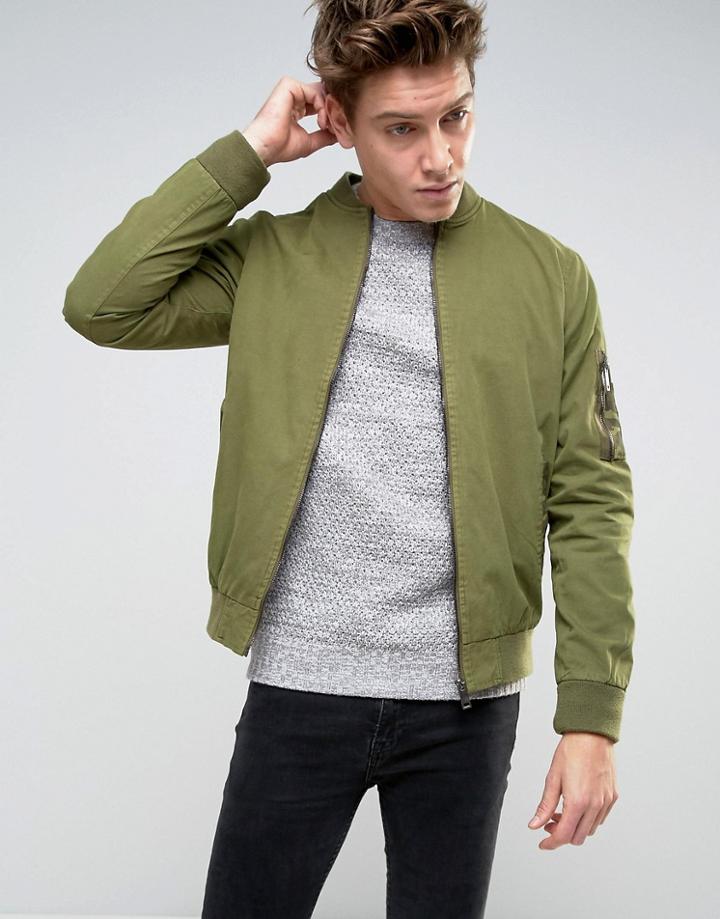 Brave Soul Garment Dyed Military Bomber Jacket - Green