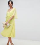 Asos Design Tall Midi Dress With Pleat Skirt And Flutter Sleeve - Green
