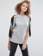 Asos Top With Cold Shoulder And Woven Ties - Gray