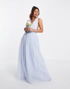 Asos Design Tulle Plunge Maxi Dress With Bow Back Detail In Powder Blue-blues
