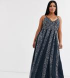 Asos Design Curve Cami Strap Maxi Dress In Mesh With Embellished Sequin Godet Panels-silver