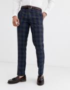 Harry Brown Wedding Slim Fit Blue And Brown Overcheck Suit Pants-navy