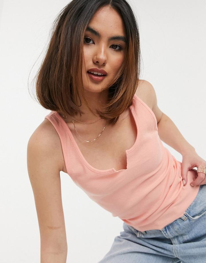 Cotton: On Crop V-notch Tank In Peach-pink