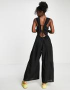 Asos Design Linen Smock Tie Back Jumpsuit In Black