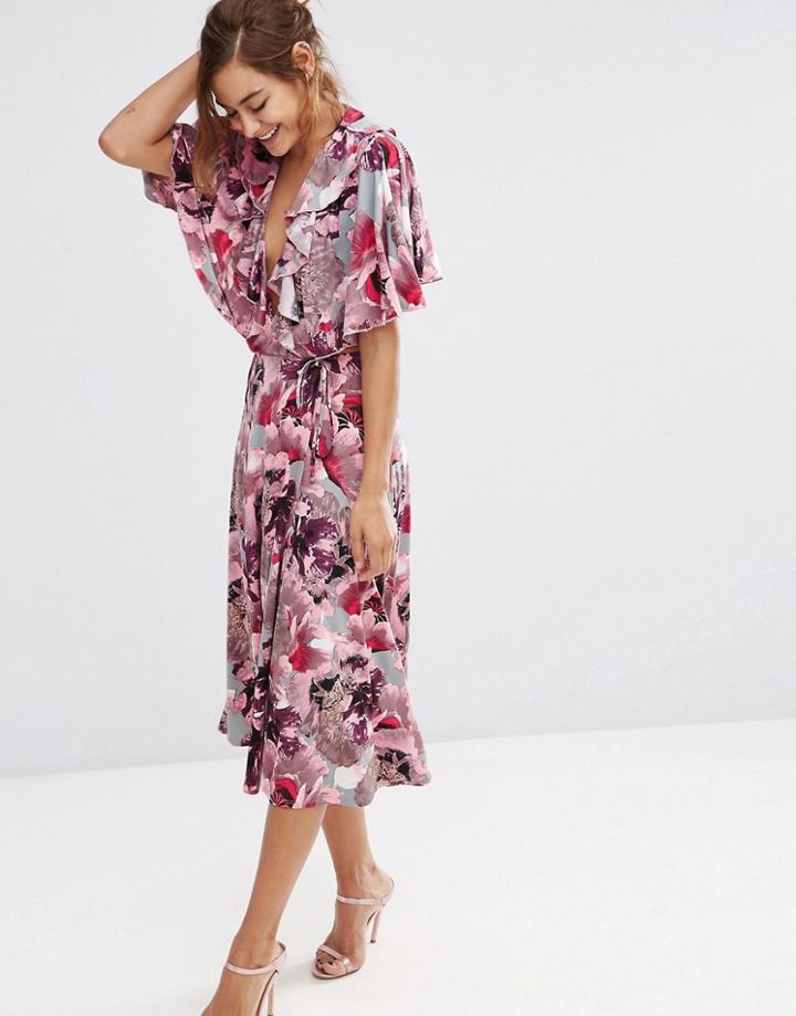 Asos Pink And Grey Iris Soft Midi Pencil Dress - Print