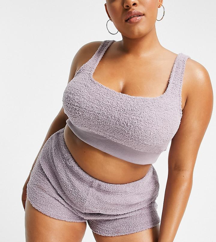 Asos Design Curve Lounge Fluffy Crop Top & Short Set In Mink-purple