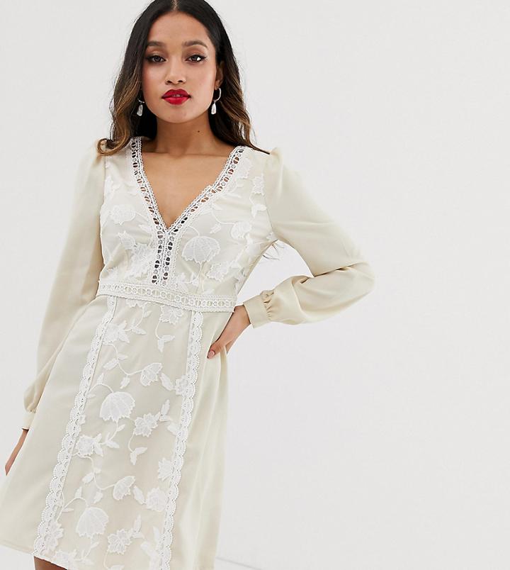 Little Mistress Petite Embroidered Mini Smock Dress In Cream - Cream