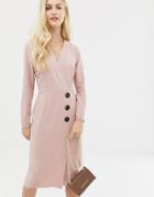 Asos Design Wrap Front Midi Dress With Button Detail - Pink