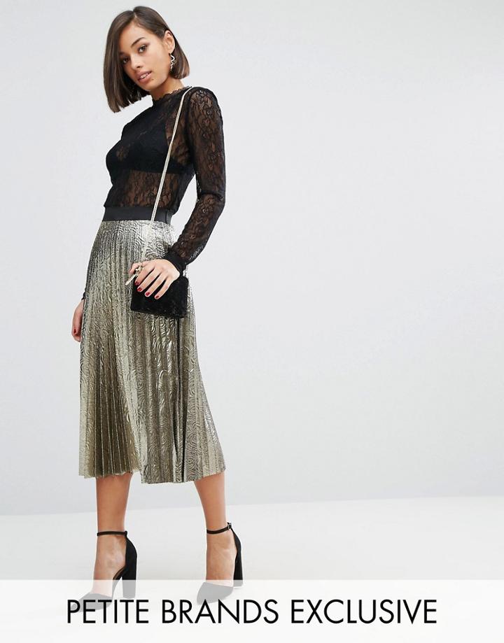 John Zack Petite Pleated Metallic Full Midi Skirt - Gold