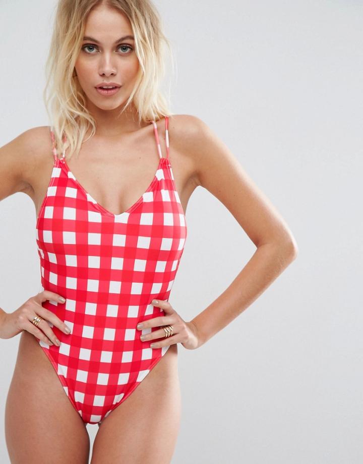 Asos Red Gingham Print Cross Back High Leg Swimsuit - Multi