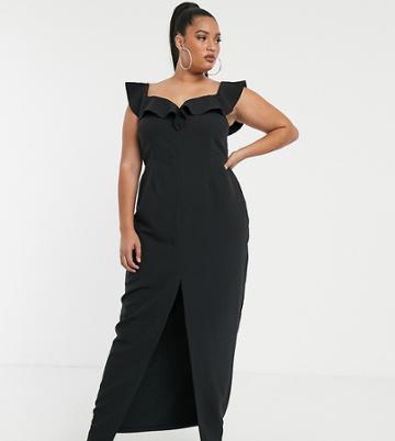 Vesper Curve Bardot Maxi Dress With Frill In Black - Black
