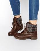 New Look Ernie Fold Plaid Flat Boots - Brown