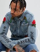 Sixth June Denim Jacket With Rose Embroidery - Blue