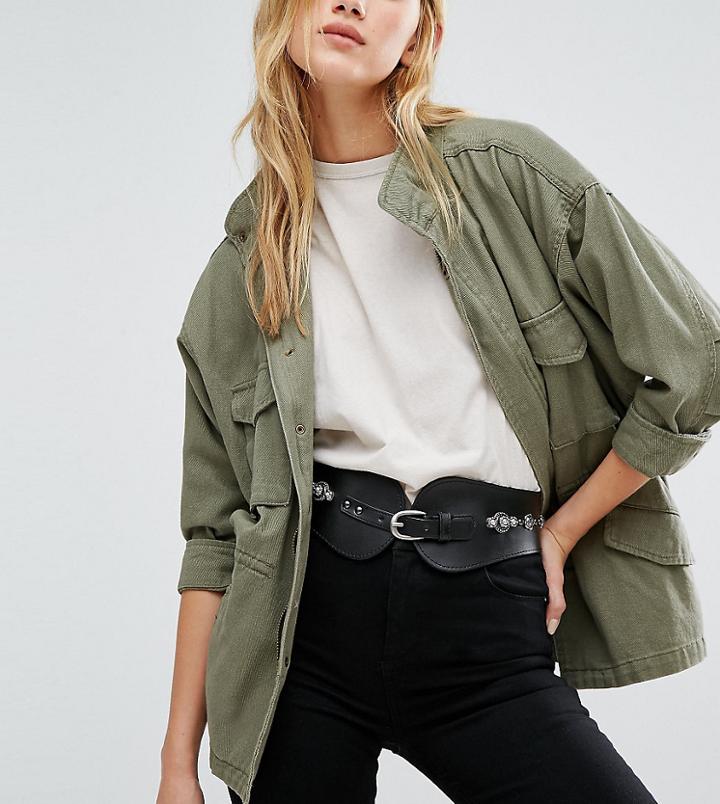 Reclaimed Vintage Inspired Wide Leather Studded Waist Belt - Black