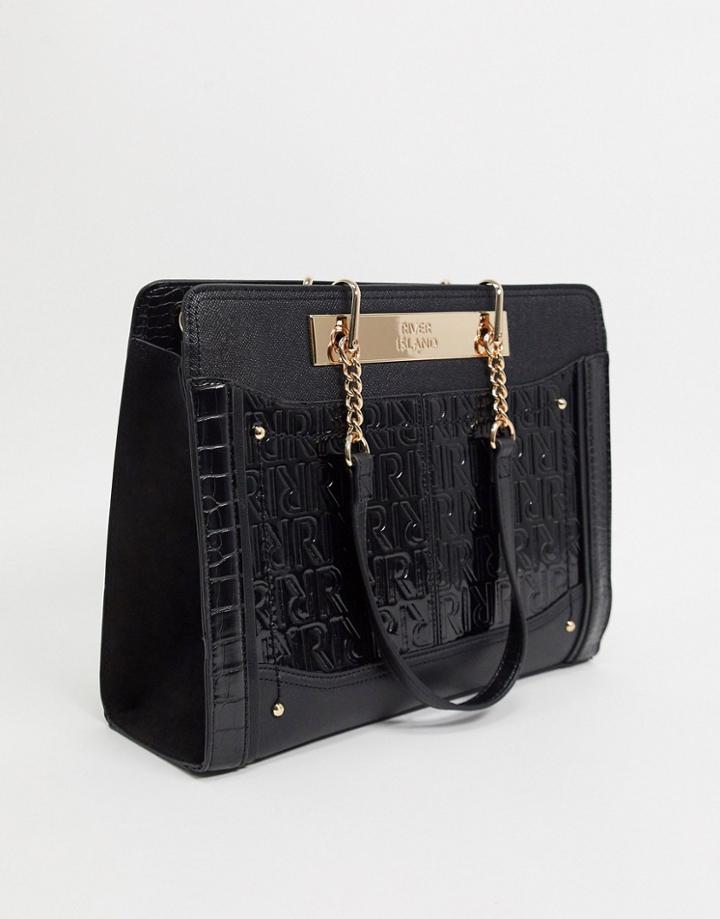 River Island Embossed Monogram Tote With Chain Strap In Black