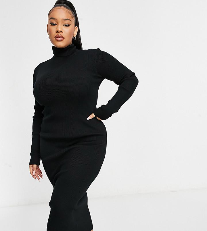 Missguided Plus Ribbed Midi Dress With Roll Neck In Black