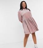 Urban Threads Curve Velour Rib Mini Smock Dress With Back Tie-pink