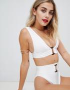 Asos Design Tortoiseshell Ring Detail Plunge Bandage Crop Bikini Top In White - White