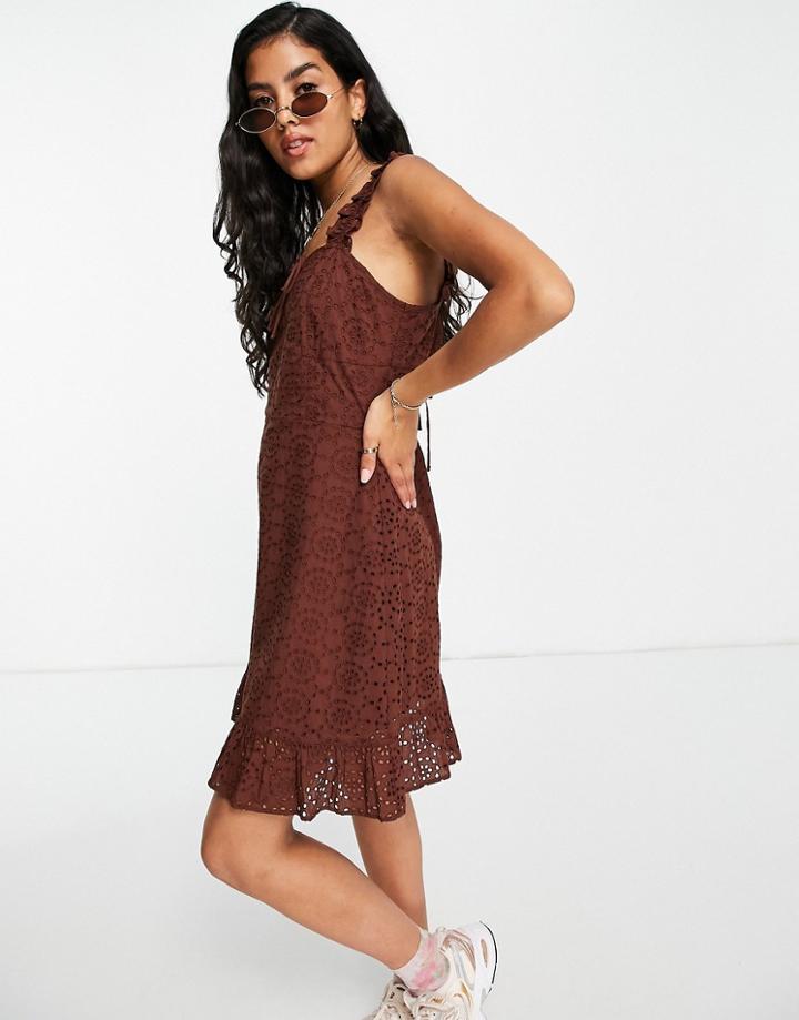 Miss Selfridge Ruffle Strap Eyelet Mini Dress In Chocolate-brown