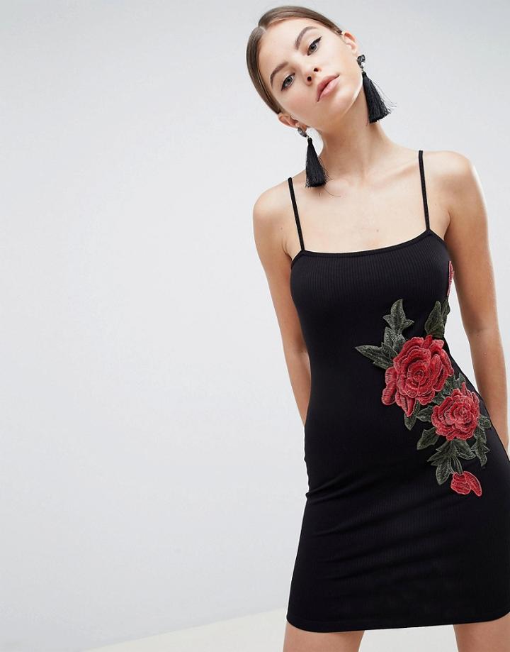 Asos Design Rib Bodycon Mini Dress With Rose Applique - Black