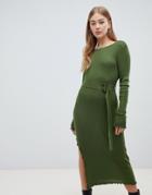 Asos Design Midi Rib Column Dress With Lettuce Trims And Self Belt-green