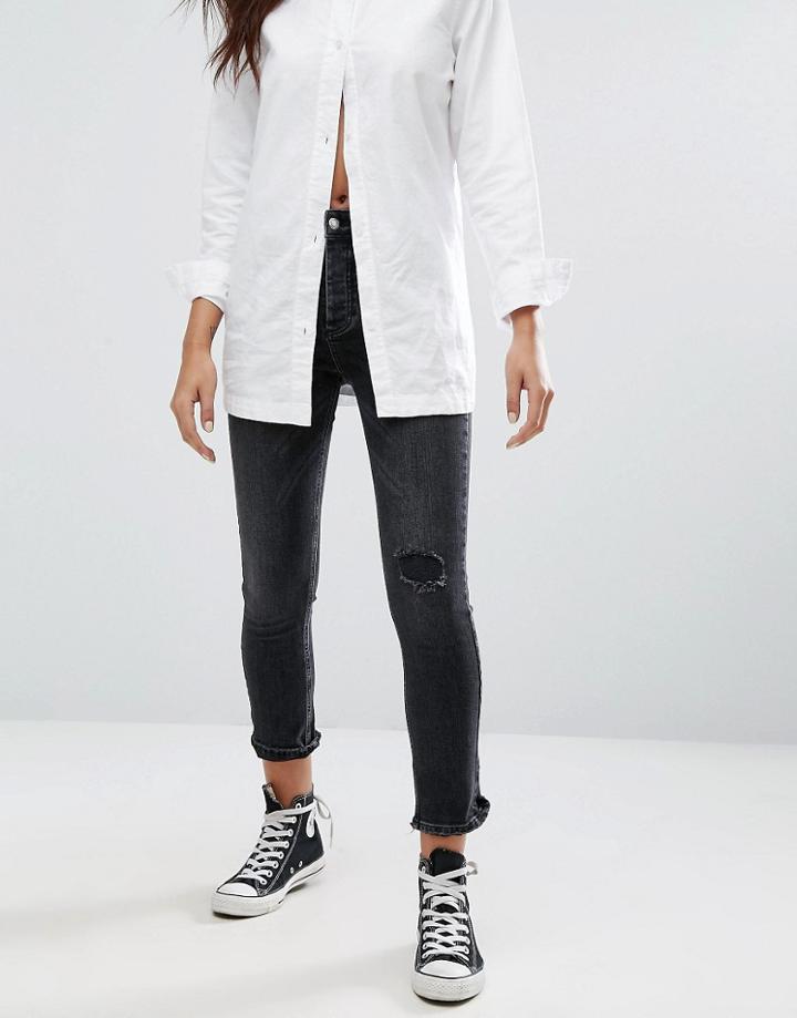 Pull & Bear Cropped Slim Distressed Knee Jeans - Black