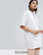 Bones Oversized T-shirt Dress With Lace Up Neck - White