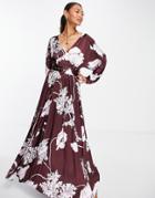 Asos Design Belted Satin Batwing Maxi Tea Dress In Oversized Purple Contrast Floral-multi