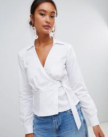 Miss Selfridge Wrap Front Shirt With D-ring Detail In White - White