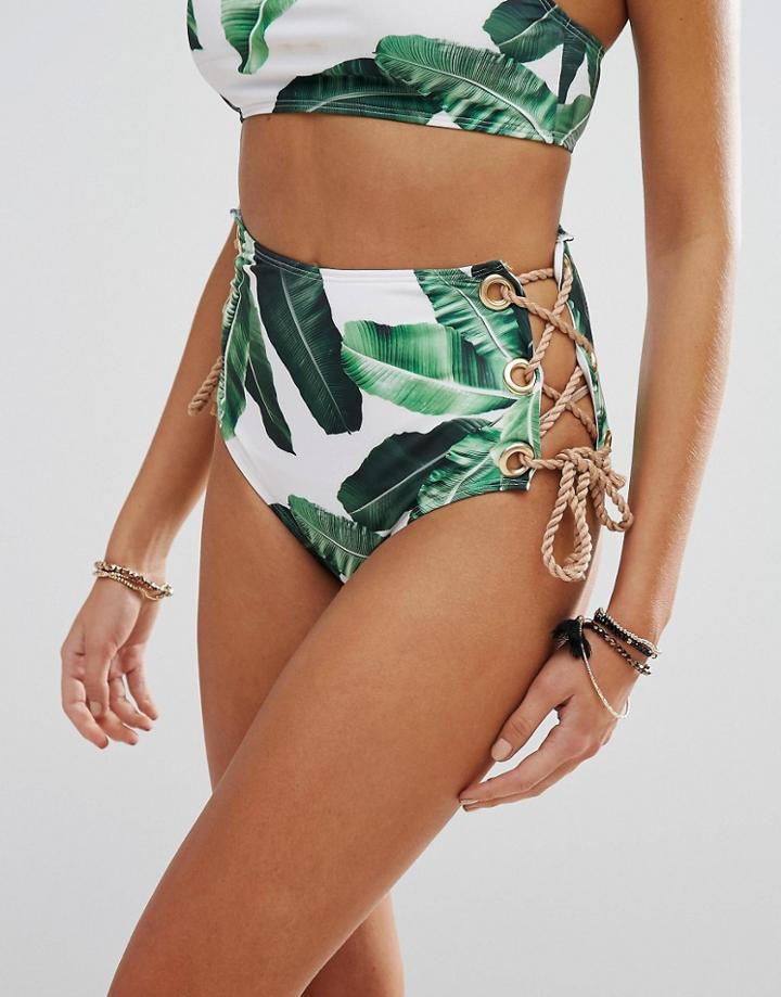 Jaded London Leaf Print Lace Up High Waist Bikini Bottom - Multi