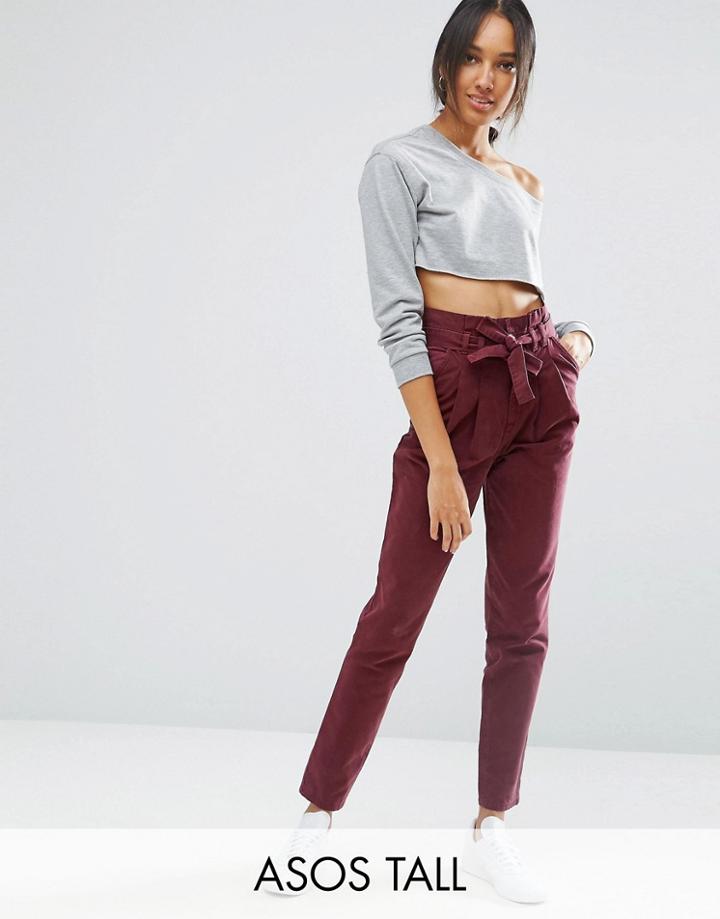 Asos Tall High Waist Paperbag Straight Leg Pants - Red