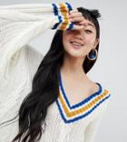 Monki Longline V-neck Sweater With Contrast Neck Line In Off White